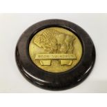 A HEAVY BRASS "BISON SQUADRON" PLAQUE IN CIRCULAR BAKELITE FRAME DIAMETER. OVERALL 22.5CM.