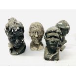 FOUR LARGE PLASTER BUSTS TO INCLUDE THREE MALES AND ONE FEMALE A/F APPROX. HEIGHT 40CM.