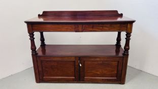 A VICTORIAN MAHOGANY TWO DOOR, TWO DRAWER BUFFET - WIDTH 148CM. DEPTH 53CM. HEIGHT 105CM.