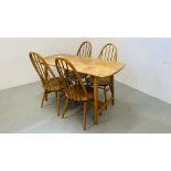 A RARE ERCOL CC41 PLANK DINING TABLE AND SET OF FOUR HOOP BACK DINING CHAIRS (TABLE 137 X 66CM)