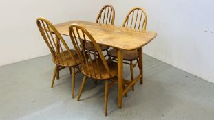 A RARE ERCOL CC41 PLANK DINING TABLE AND SET OF FOUR HOOP BACK DINING CHAIRS (TABLE 137 X 66CM)