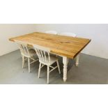 A LARGE TRADITIONAL FARM HOUSE DINING TABLE WITH NATURAL OAK FINISH TOP,