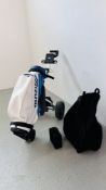 A BATTERY POWERED FOLDING GOLF TROLLEY WITH TWO BATTERIES (NO CHARGER) AND CARRY BAG AND MIZINO