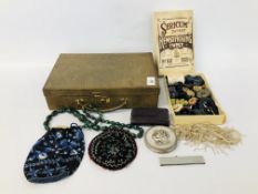 COLLECTION OF VINTAGE BUTTONS AND BEADED PURSES, COMPACTS, VINTAGE CASE ETC.