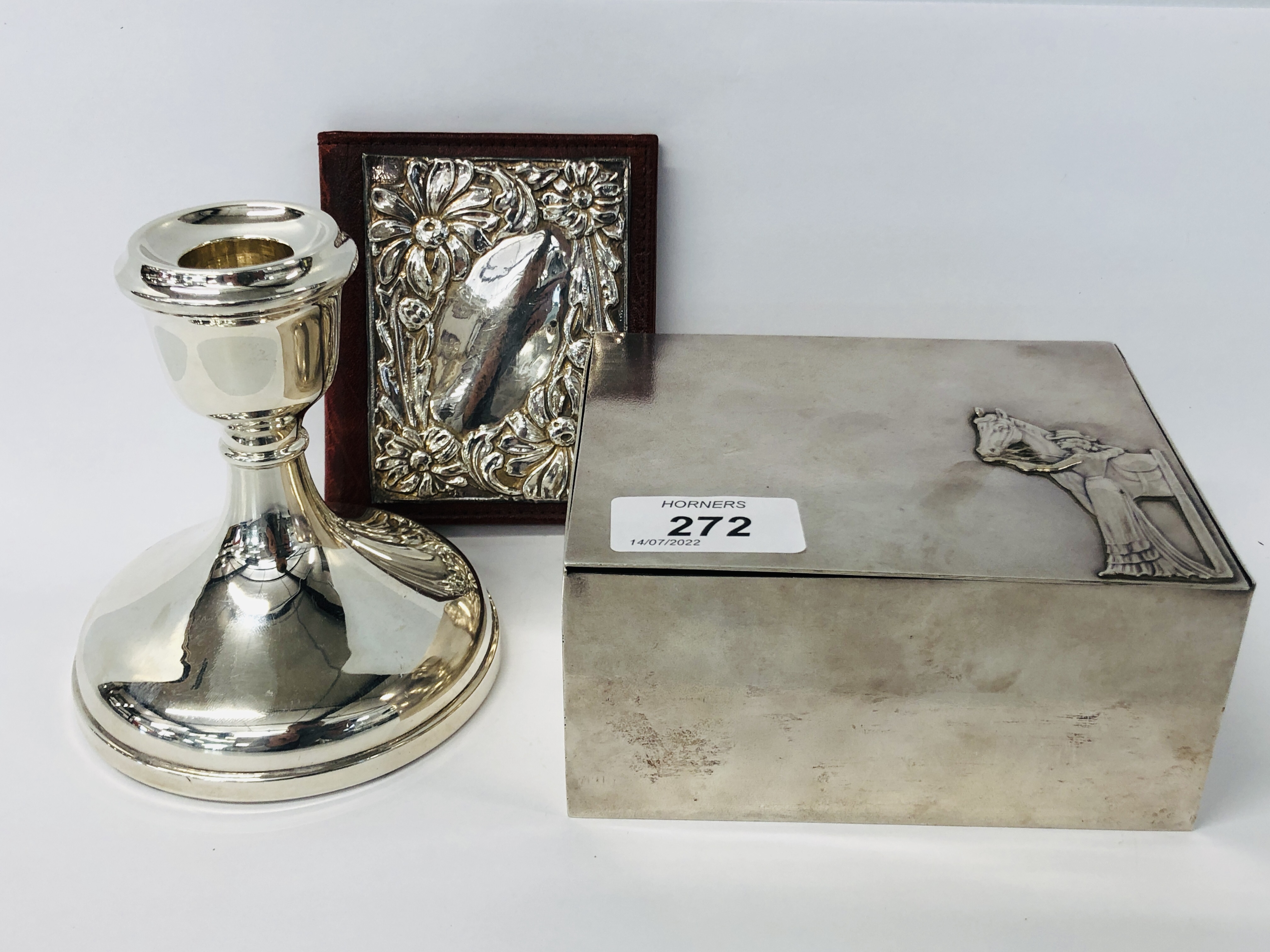 SILVER CANDLESTICK, SILVER EMBOSSED PURSE + AN ART NOUVEAU STYLE WHITE METAL BOX.