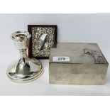 SILVER CANDLESTICK, SILVER EMBOSSED PURSE + AN ART NOUVEAU STYLE WHITE METAL BOX.