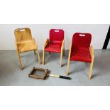 3 X BEECHWOOD CHILDREN'S STACKING CHAIRS ALONG WITH A VINTAGE TENNIS RACKET.