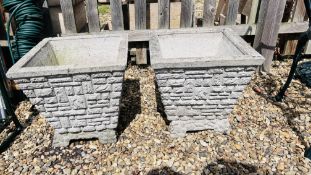 A PAIR OF CONCRETE SQUARE TAPERED BRICK DESIGN GARDEN PLANTERS 40CM X 40CM X 40CM.