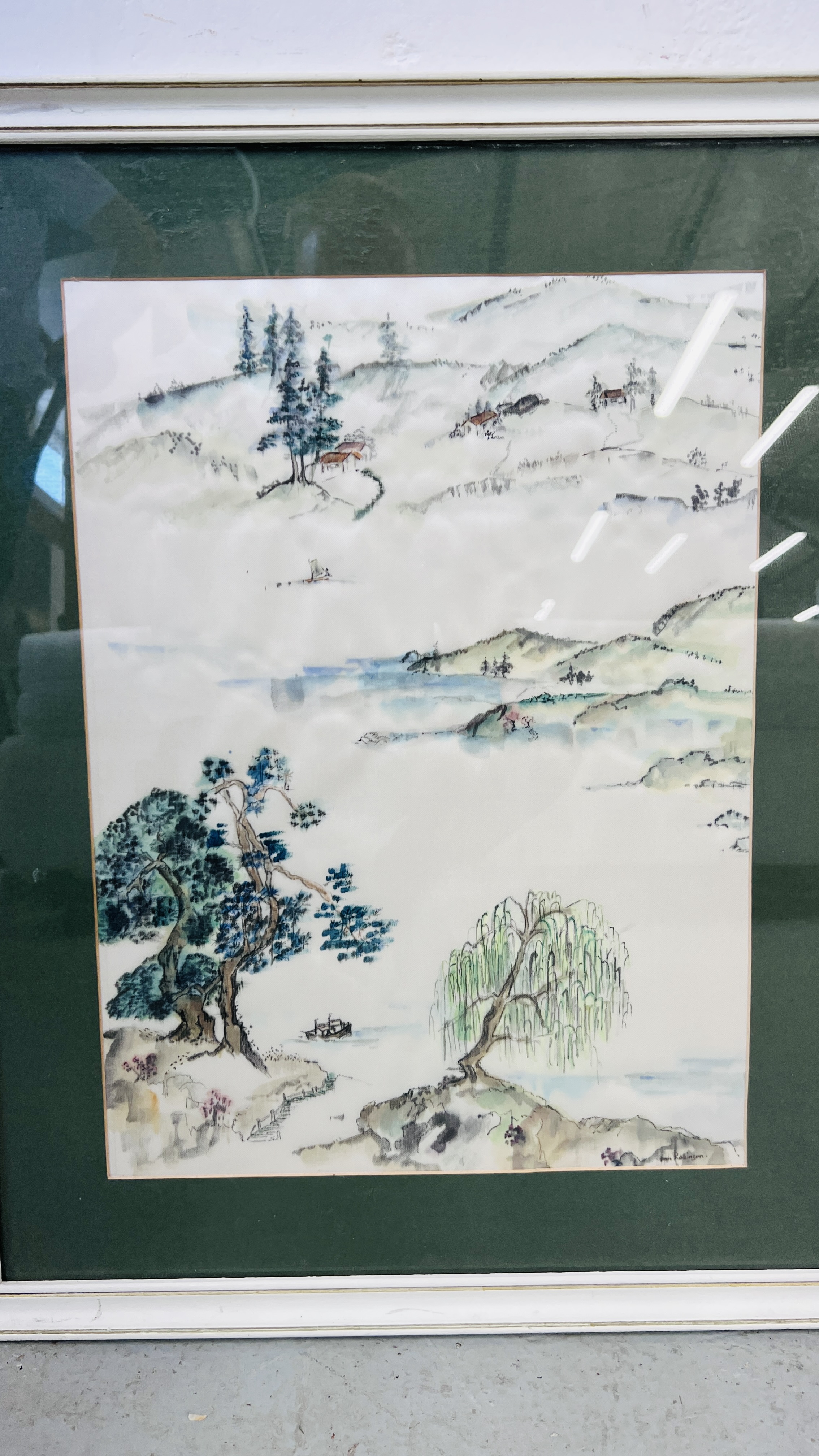 TWO FRAMED CHINESE BRUSH PAINTINGS BY JEAN ROBINSON. - Image 2 of 3
