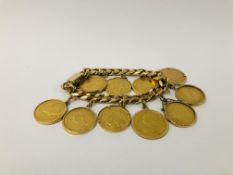 HEAVY FLAT LINK YELLOW METAL BRACELET (SPANISH HALLMARK) WITH FOLLOWING ATTACHED - 1963 GOLD