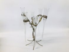 DECORATIVE DESIGNER EPERGNE, WITH 8 CLEAR GLASS INSERTS, TOTAL HEIGHT 47CM, GLASSES AVERAGE 34CM.