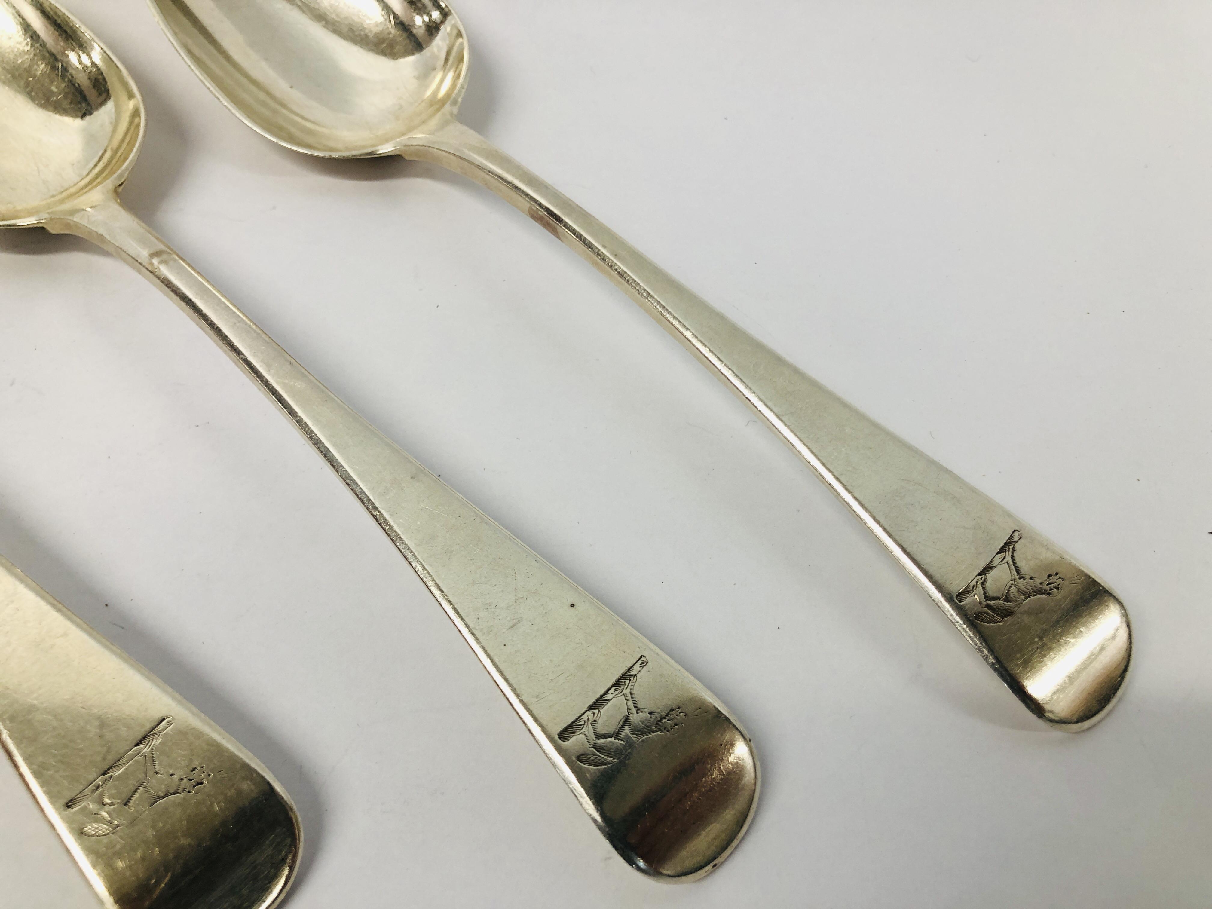 FOUR ANTIQUE STERLING SILVER OLD ENGLISH PATTERN SERVING SPOONS, - Image 4 of 8