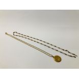 A GOLD PLATED BATON LINK NECKLACE (NO CLASP) AND A FINE LINK YELLOW METAL NECKLACE WITH MOTHER MARY