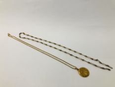 A GOLD PLATED BATON LINK NECKLACE (NO CLASP) AND A FINE LINK YELLOW METAL NECKLACE WITH MOTHER MARY