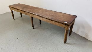RUSTIC WAXED PINE BENCH ON TURNED LEGS LENGTH 190CM. DEPTH 37CM. HEIGHT 46CM.