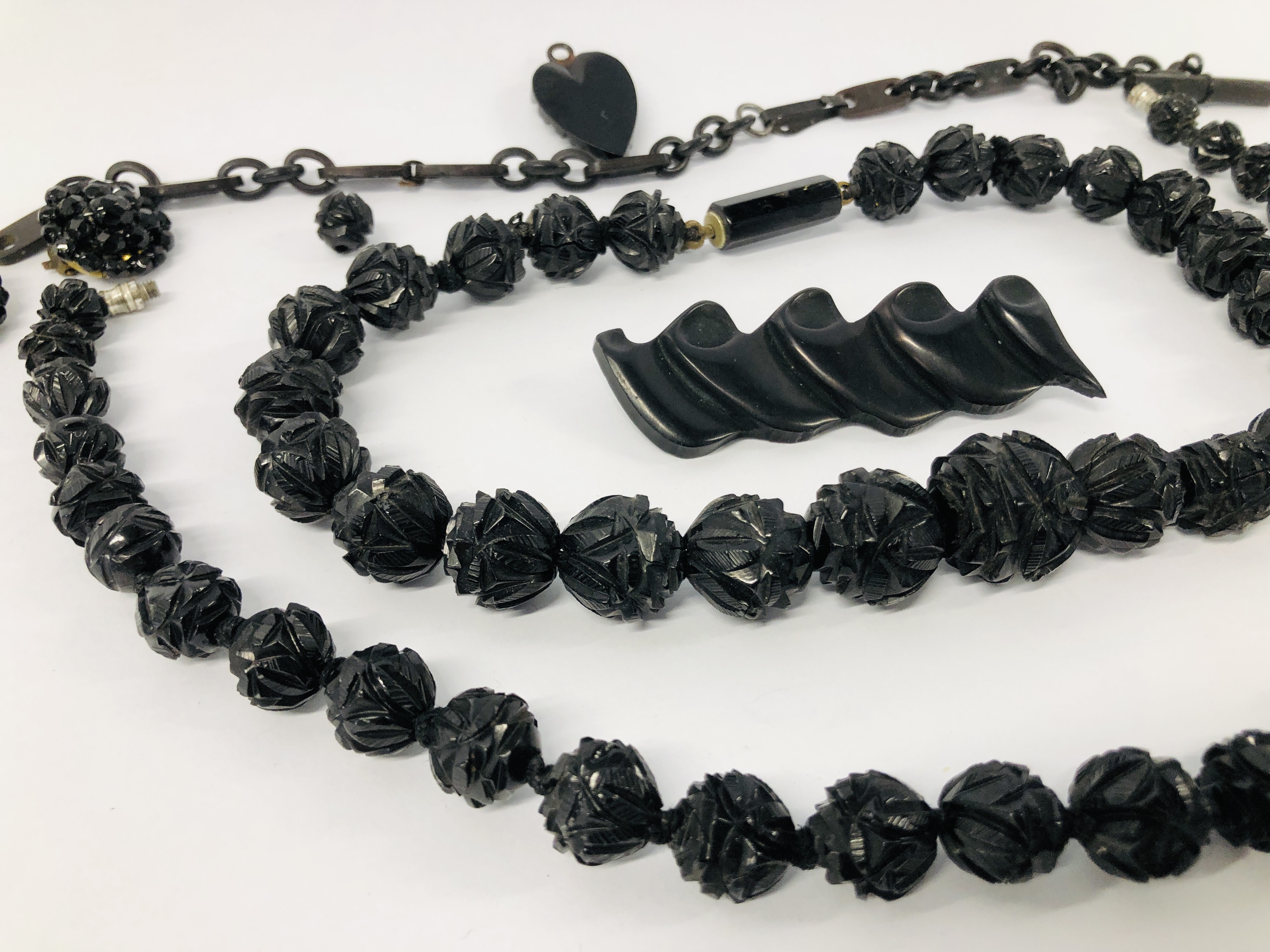 TWO VICTORIAN BLACK BEADED NECKLACES, PAIR OF EARRINGS, - Image 3 of 7