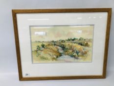 FRAMED WATERCOLOUR "DYKE BY BURNHAM NORTON" SIGNED JOHN HURST 2011 W 42CM X H 25CM.