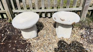 A PAIR OF STONEWORK STADLE STONE GARDEN FEATURES DIAMETER 45CM, HEIGHT 43CM.