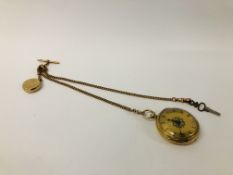 18CT GOLD CASED POCKET WATCH ON 9CT GOLD WATCH CHAIN PLUS VINTAGE YELLOW METAL FOB MARKED 10.