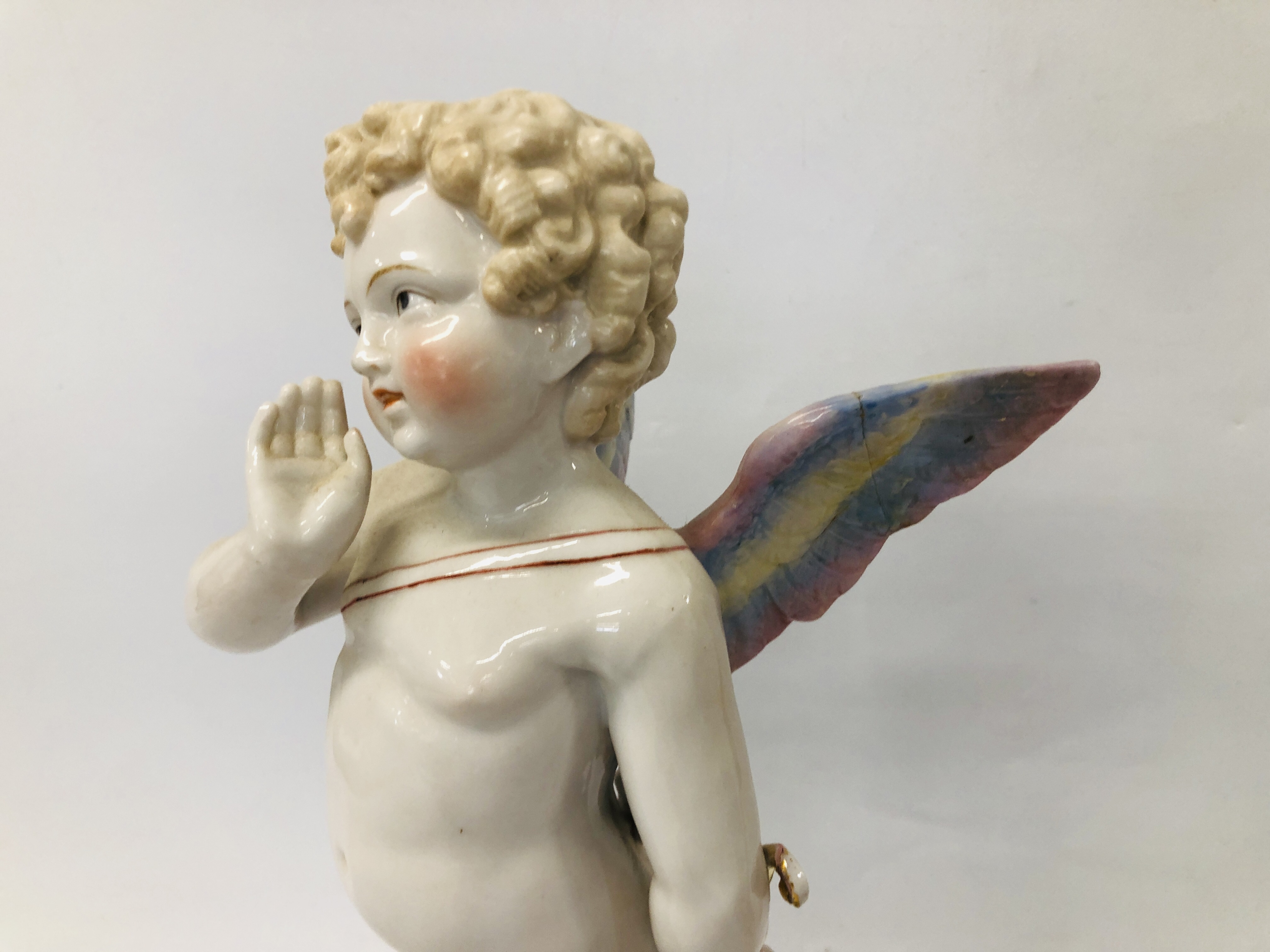 PAIR OF PORCELAIN CHERUB FIGURES INDISTINCT MAKERS MARK (A/F) H 36CM. - Image 2 of 6