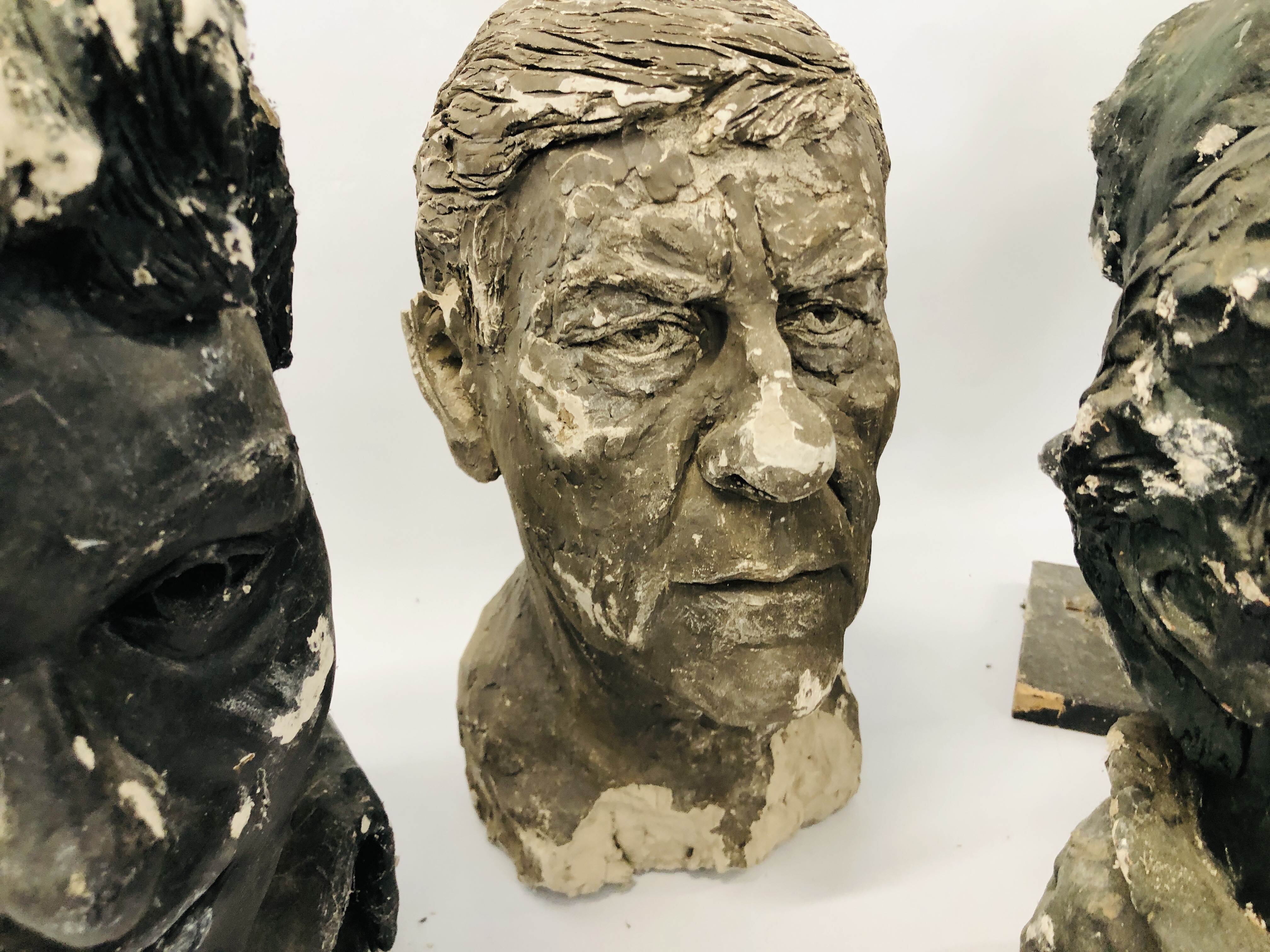 FOUR LARGE PLASTER BUSTS TO INCLUDE THREE MALES AND ONE FEMALE A/F APPROX. HEIGHT 40CM. - Image 3 of 4