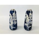 PAIR OF BLUE AND WHITE CERAMIC VASES, DAFFODIL DESIGN, SILVER TOPS LONDON ASSAY, H 16.5CM.