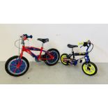 2 CHILDS BICYCLES TO INCLUDE "BLUE THUNDER" AND "THE AMAZING SPIDERMAN" - SOLD AS SEEN