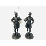 PAIR OF IMPRESSIVE SPELTER MEDIEVAL STYLE FIGURES ON CIRCULAR BASES HEIGHT 43CM.