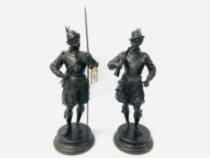 PAIR OF IMPRESSIVE SPELTER MEDIEVAL STYLE FIGURES ON CIRCULAR BASES HEIGHT 43CM.