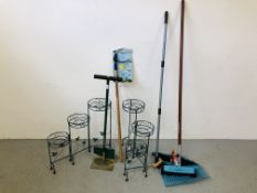 2 X FOLDING PLANT STANDS WITH IVY LEAF DETAIL ALONG WITH AS NEW WEED PULLER EDGING SPADE AND A