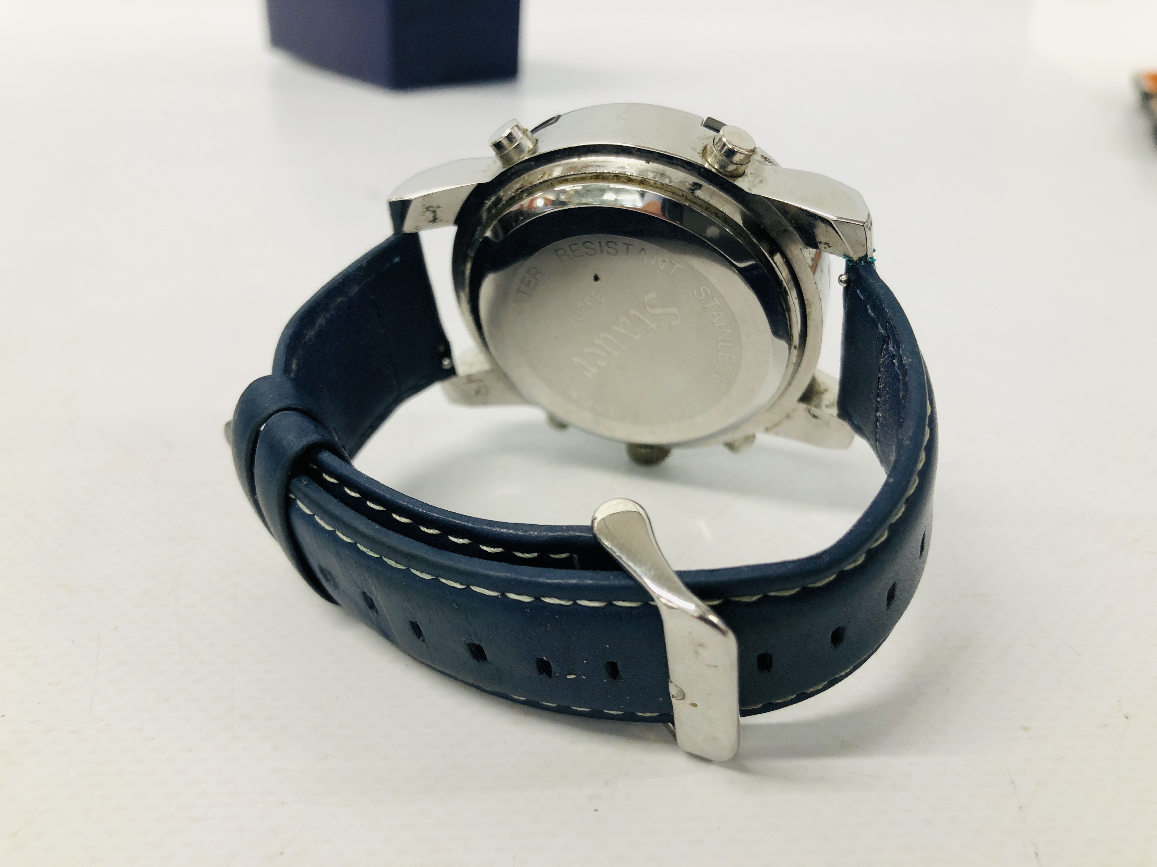 BOXED DESIGNER BRANDED WRIST WATCH MARKED STAUER BLUE STONE CHRONOGRAPH WATCH - Image 5 of 7