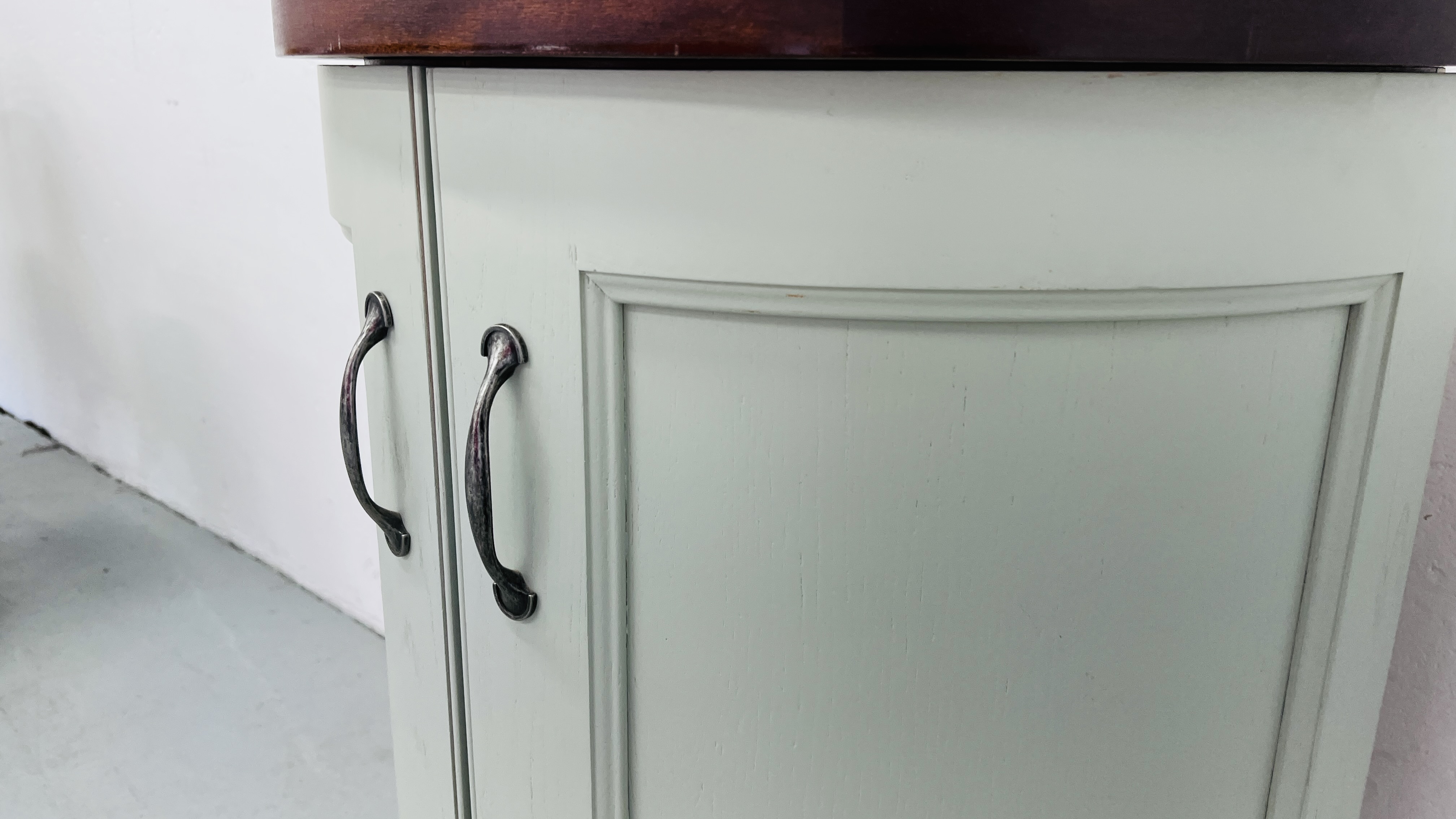 DEMI LUNE CUPBOARD WITH SOLID MAHOGANY TOP. - Image 5 of 7