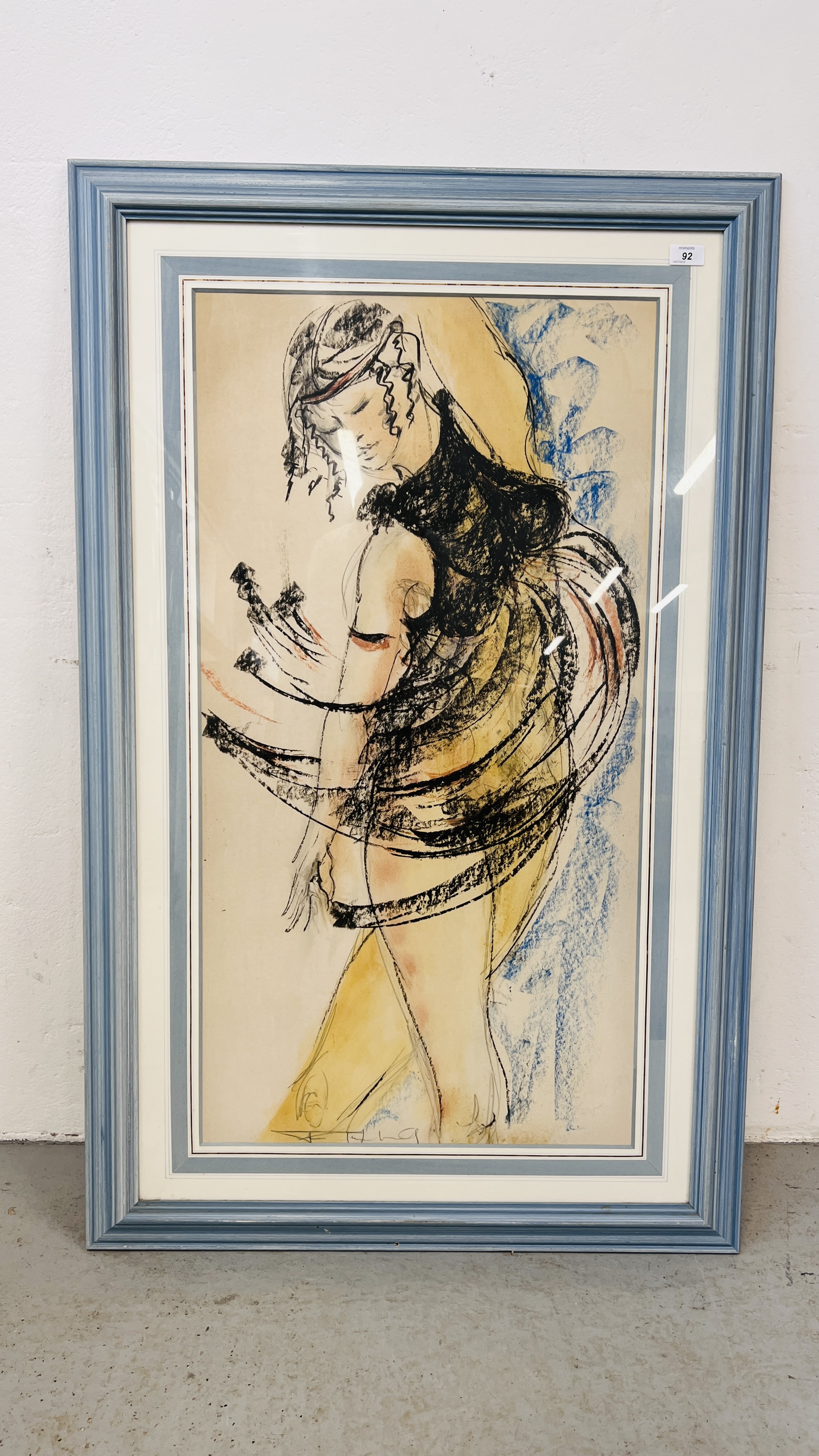 A CONTEMPORARY WATERCOLOUR LIFE STUDY OF FEMALE DANCER IN BLACK LACE DRESS,