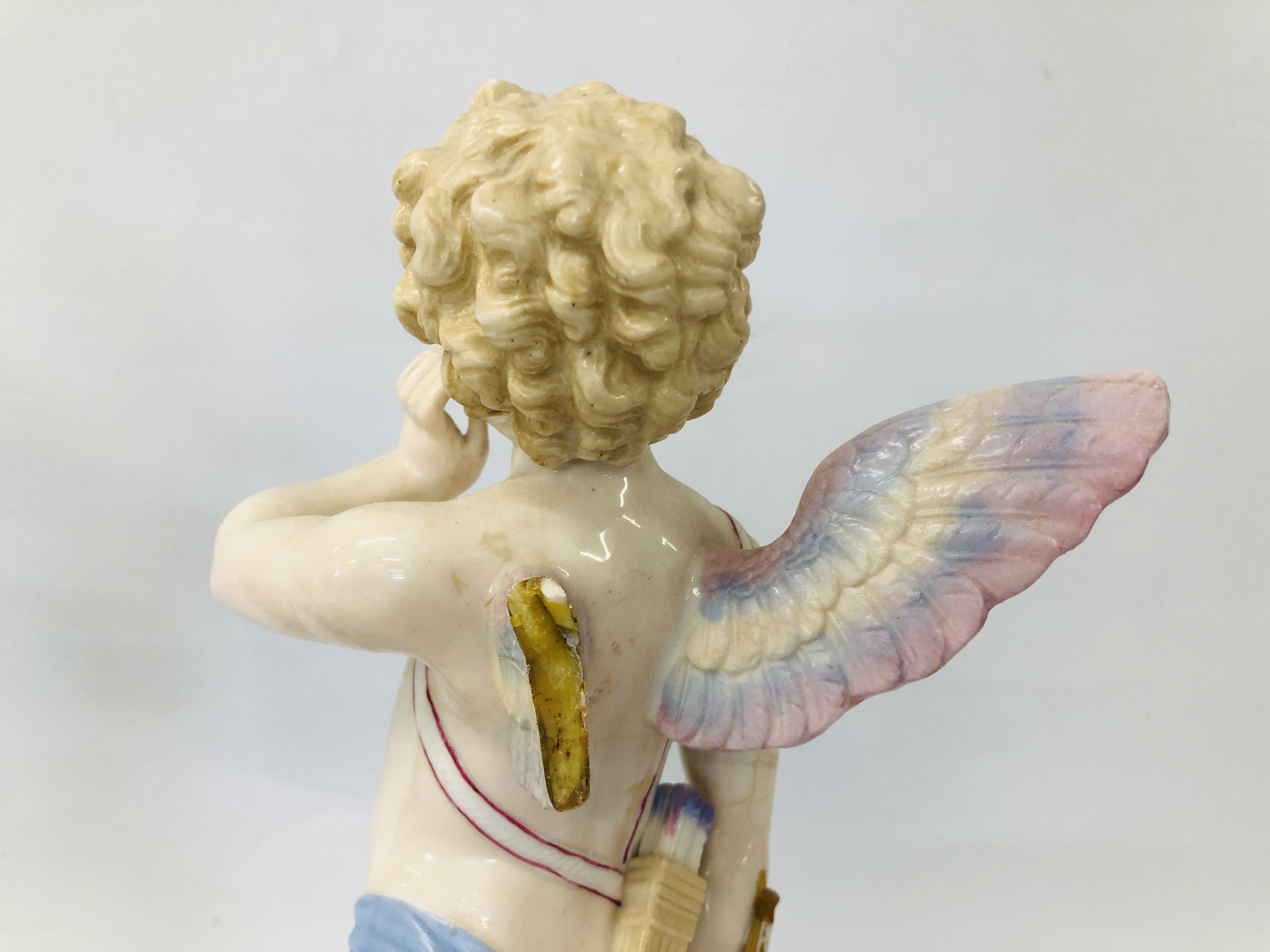 PAIR OF PORCELAIN CHERUB FIGURES INDISTINCT MAKERS MARK (A/F) H 36CM. - Image 6 of 6