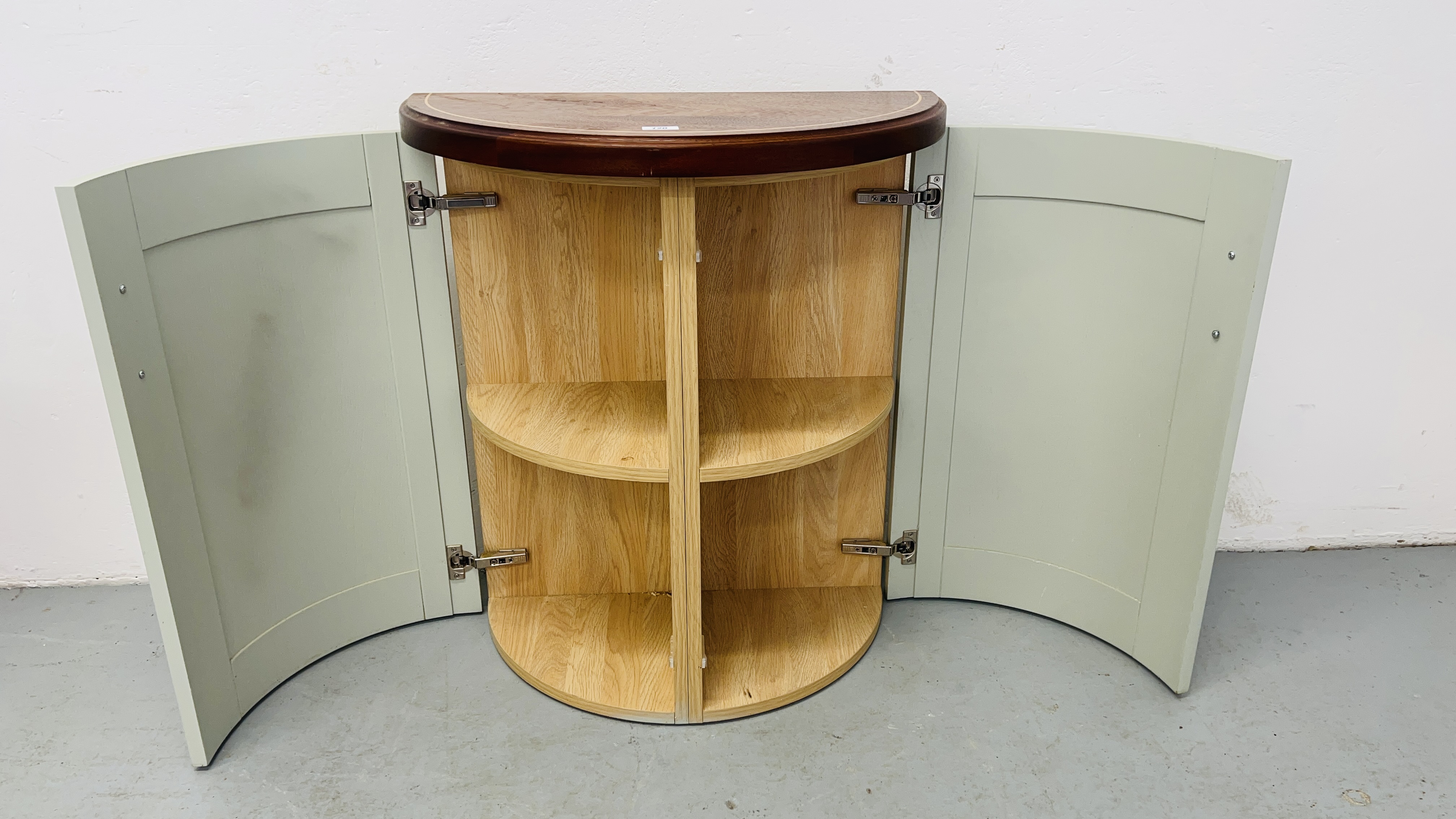 DEMI LUNE CUPBOARD WITH SOLID MAHOGANY TOP. - Image 6 of 7