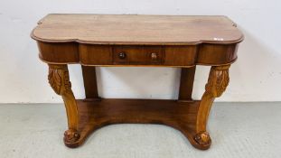 VINTAGE VICTORIAN MAHOGANY FINISH SINGLE DRAW HALL TABLE, SCROLLED FRONT LEGS WIDTH 106CM.