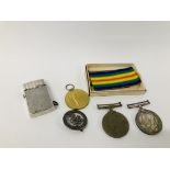 TWO FIRST WORLD WAR MEDALS AND A SECOND WORLD WAR MEDAL AND A VINTAGE SILVER LIGHTER, ETC.