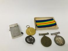 TWO FIRST WORLD WAR MEDALS AND A SECOND WORLD WAR MEDAL AND A VINTAGE SILVER LIGHTER, ETC.