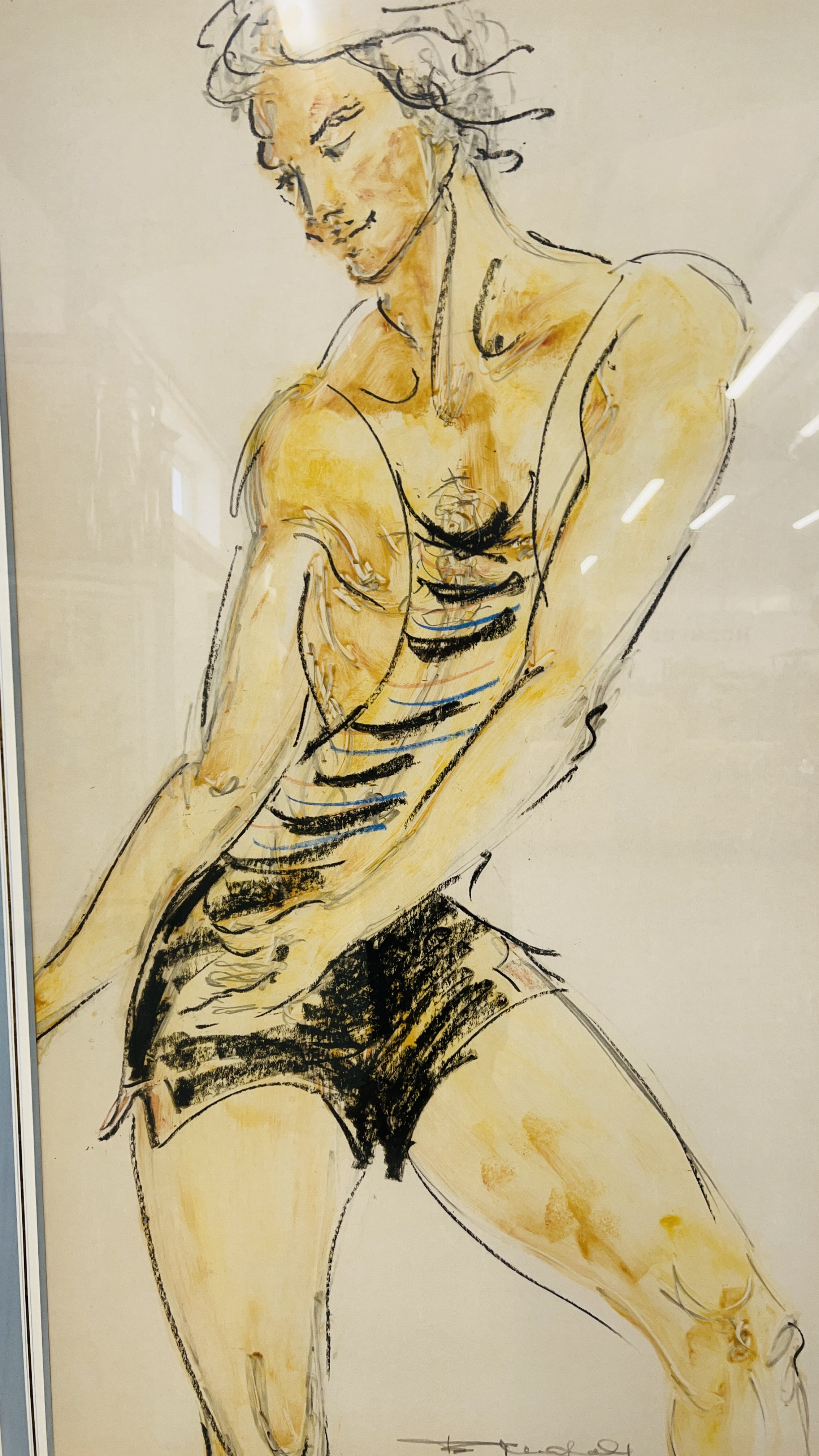 A CONTEMPORARY WATERCOLOUR LIFE STUDY OF MALE DANCER, INDISTINCT SIGNATURE - 97 X 55CM, - Image 2 of 5