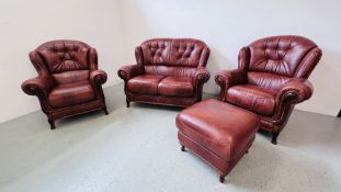 A TAN LEATHER THREE PIECE LOUNGE SUITE WITH MATCHING FOOT STOOL.