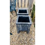 A PAIR OF RUSTIC WOODEN SQUARE RAISED PLANTERS WITH PLASTIC LINING, W 36CM, D 35CM, H 42CM.