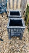 A PAIR OF RUSTIC WOODEN SQUARE RAISED PLANTERS WITH PLASTIC LINING, W 36CM, D 35CM, H 42CM.