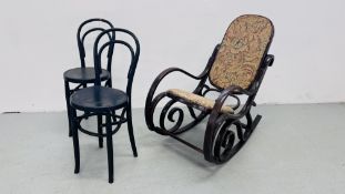 VINTAGE BRENTWOOD STYLE ROCKING CHAIR + PAIR OF FURTHER BRENTWOOD CHAIRS.