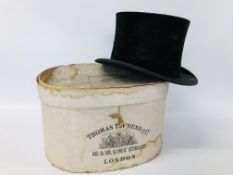 A VINTAGE BLACK TOP HAT "HENRY HEATH" OXFORD STREET LONDON, ALONG WITH AN UNRELATED HAT BOX.