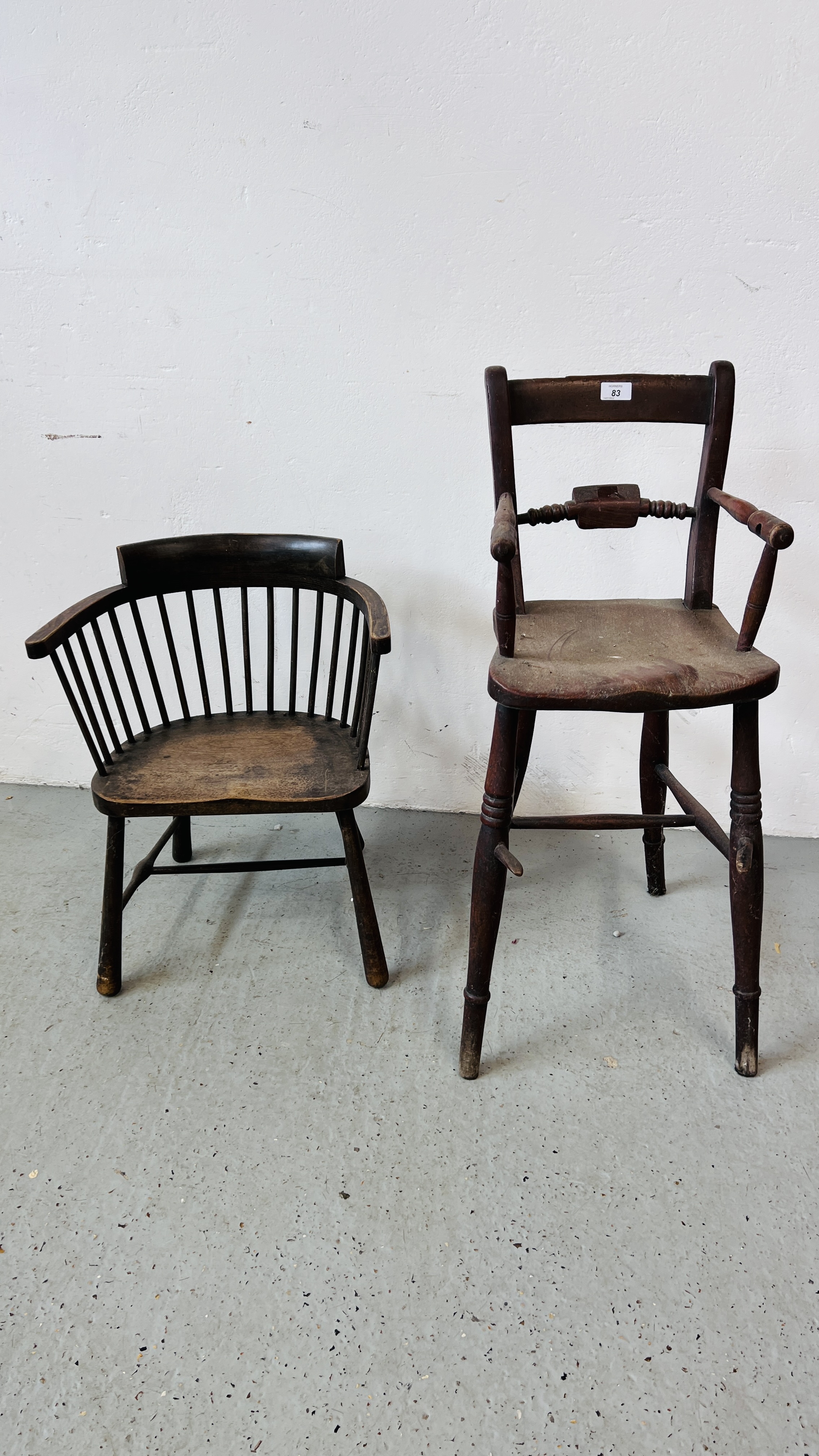 VINTAGE VICTORIAN HARDWOOD HIGHCHAIR ALONG WITH A LIBERTY STYLE CHILD'S CHAIR.