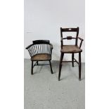 VINTAGE VICTORIAN HARDWOOD HIGHCHAIR ALONG WITH A LIBERTY STYLE CHILD'S CHAIR.