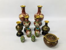 COLLECTION OF CLOISONNE VASES SOME HAVING CARVED HARDWOOD STANDS 10 IN TOTAL ALONG WITH A CLOISONNE