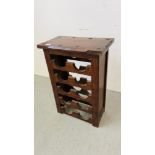 A RUSTIC HARDWOOD 10 BOTTLE WINE RACK H 67CM, W 46CM.