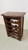 A RUSTIC HARDWOOD 10 BOTTLE WINE RACK H 67CM, W 46CM.