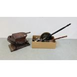 A VINTAGE SET OF BLACKSMITHS BELLOWS PLUS VARIOUS BRASS AND METAL WARES.